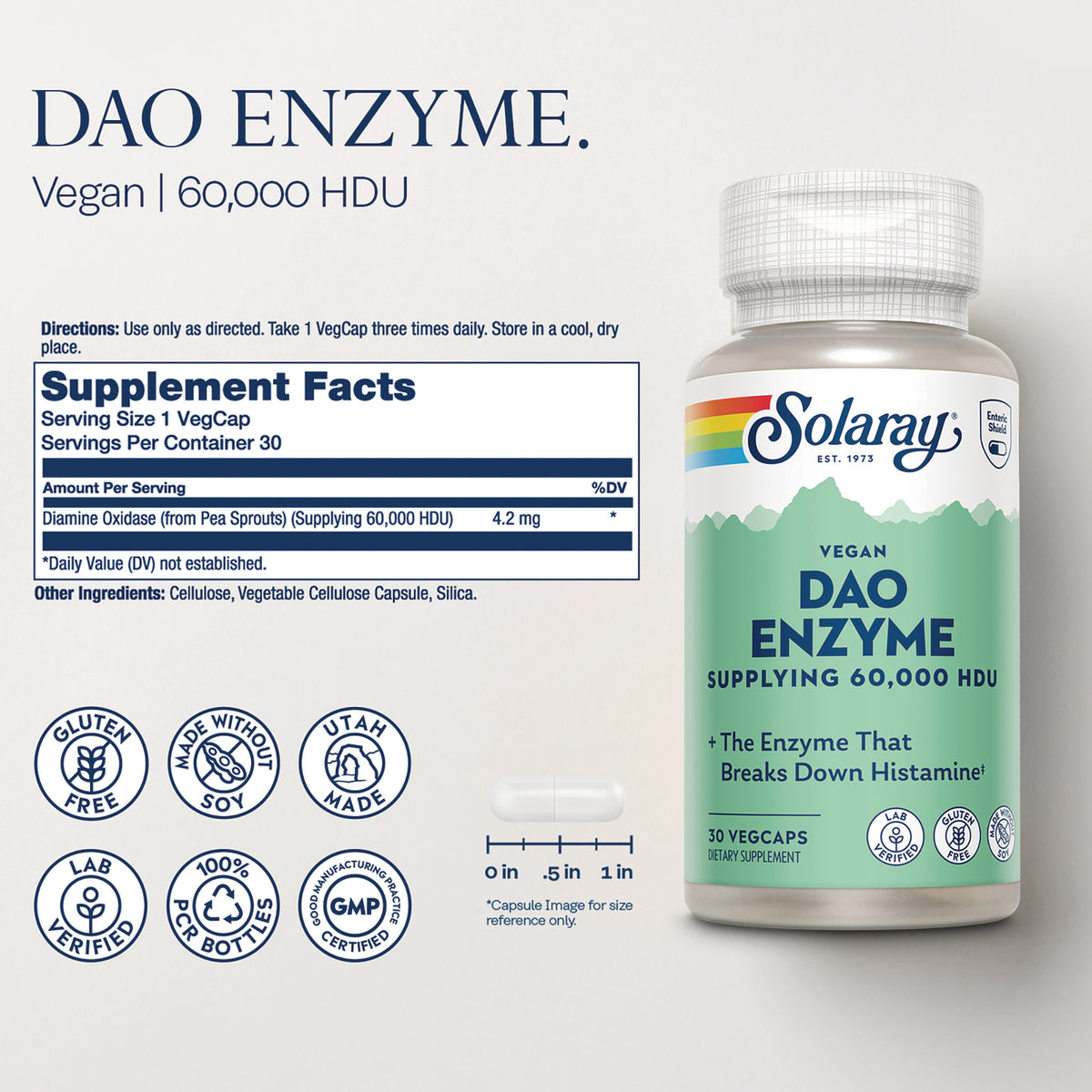 SLR544 | DAO Enzyme Vegan 60,000 HDU supplement facts and ingredients panel with product bottle