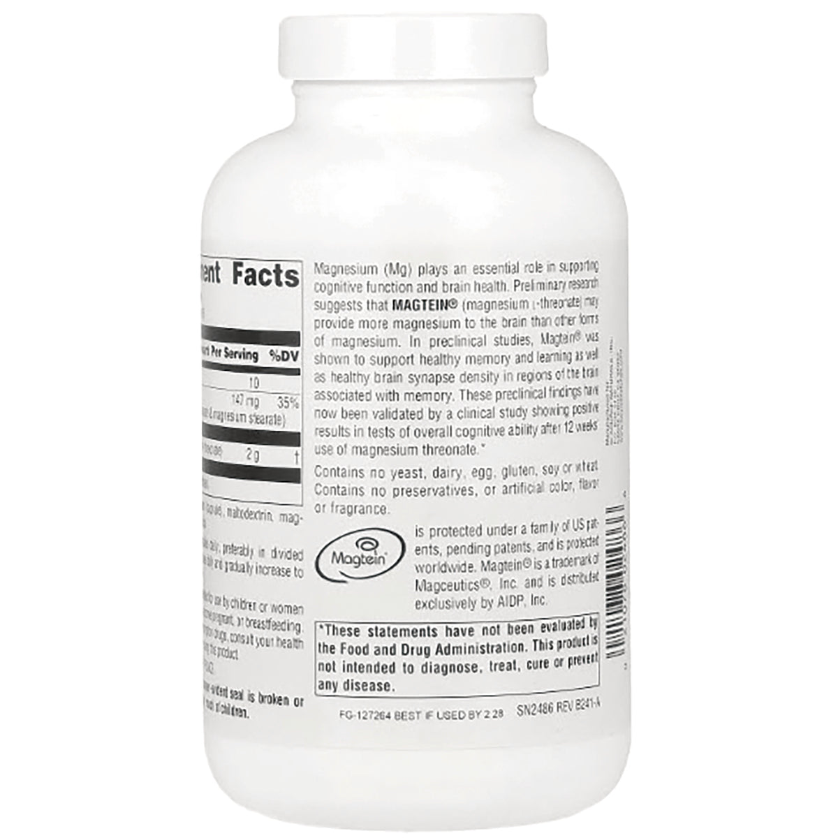 SN622 | Back label with Supplement Facts panel, Magtein magnesium text, and FDA disclaimer