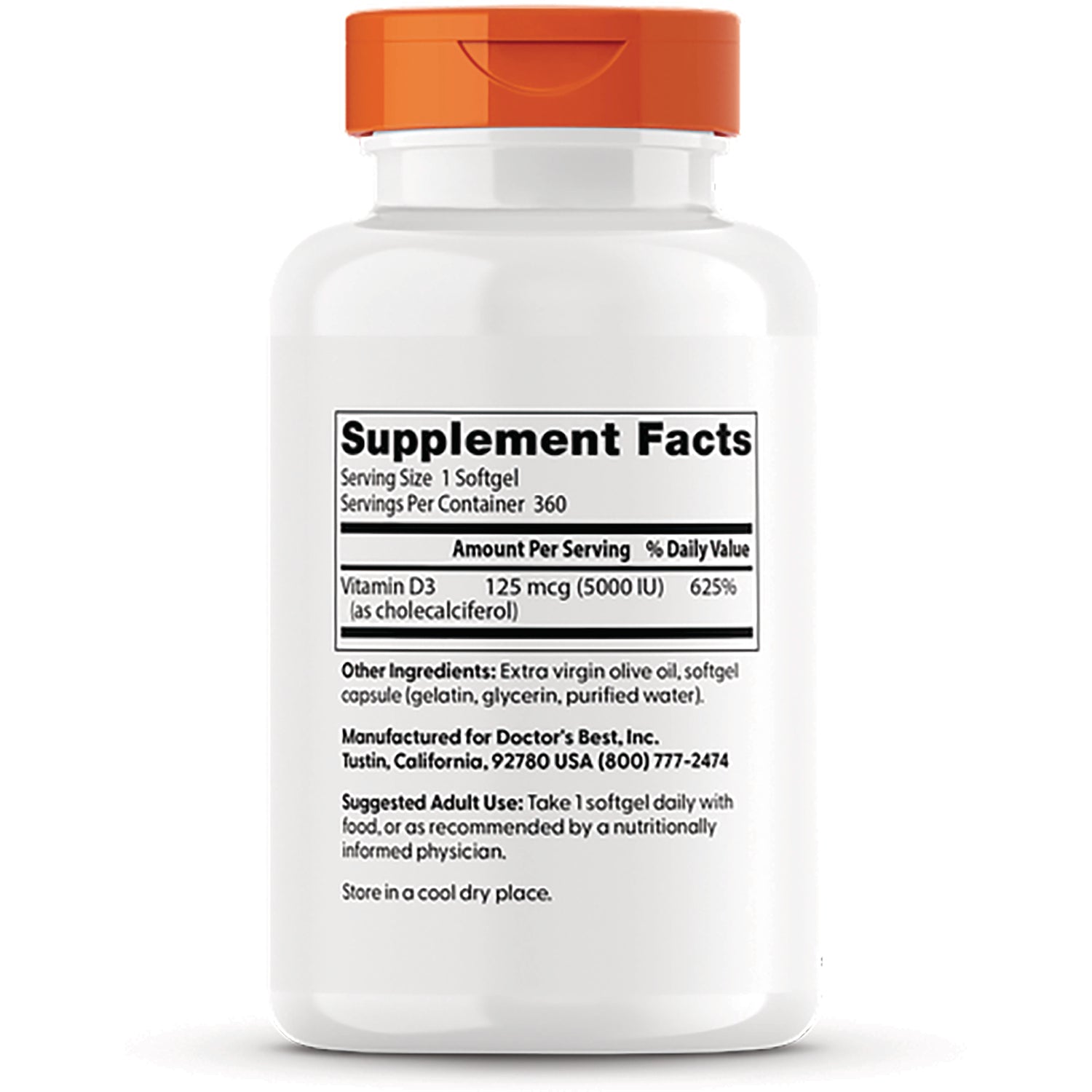 DB176 | Back label showing Supplement Facts for Vitamin D3 125 mcg (5000 IU), serving size 1 softgel and other ingredients
