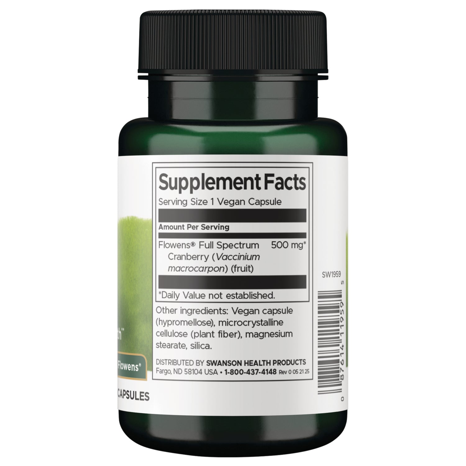 SW1959 | Supplement Facts and ingredients panel on back of Swanson cranberry capsules bottle
