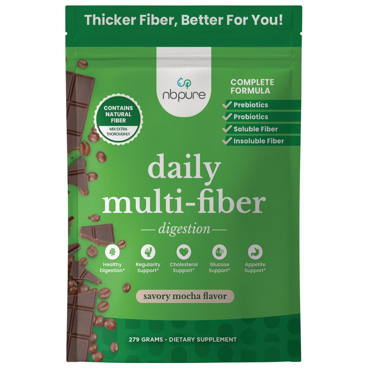 ARL010 | nbpure daily multi-fiber digestion savory mocha flavor front pouch with chocolate and coffee beans