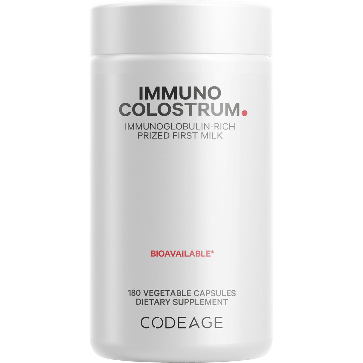 White bottle labeled IMMUNO COLOSTRUM IMMUNOGLOBULIN-RICH PRIZED FIRST MILK BIOAVAILABLE* 180 capsules CODEAGE