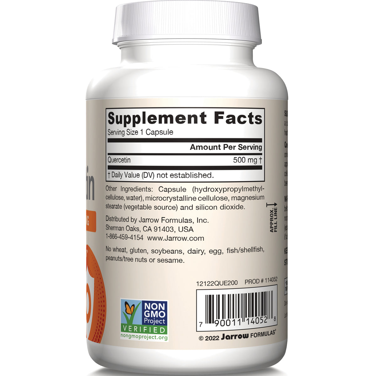 JR206 | Back label showing Supplement Facts panel with Quercetin 500 mg, ingredient list, Non GMO Project Verified logo and barcode