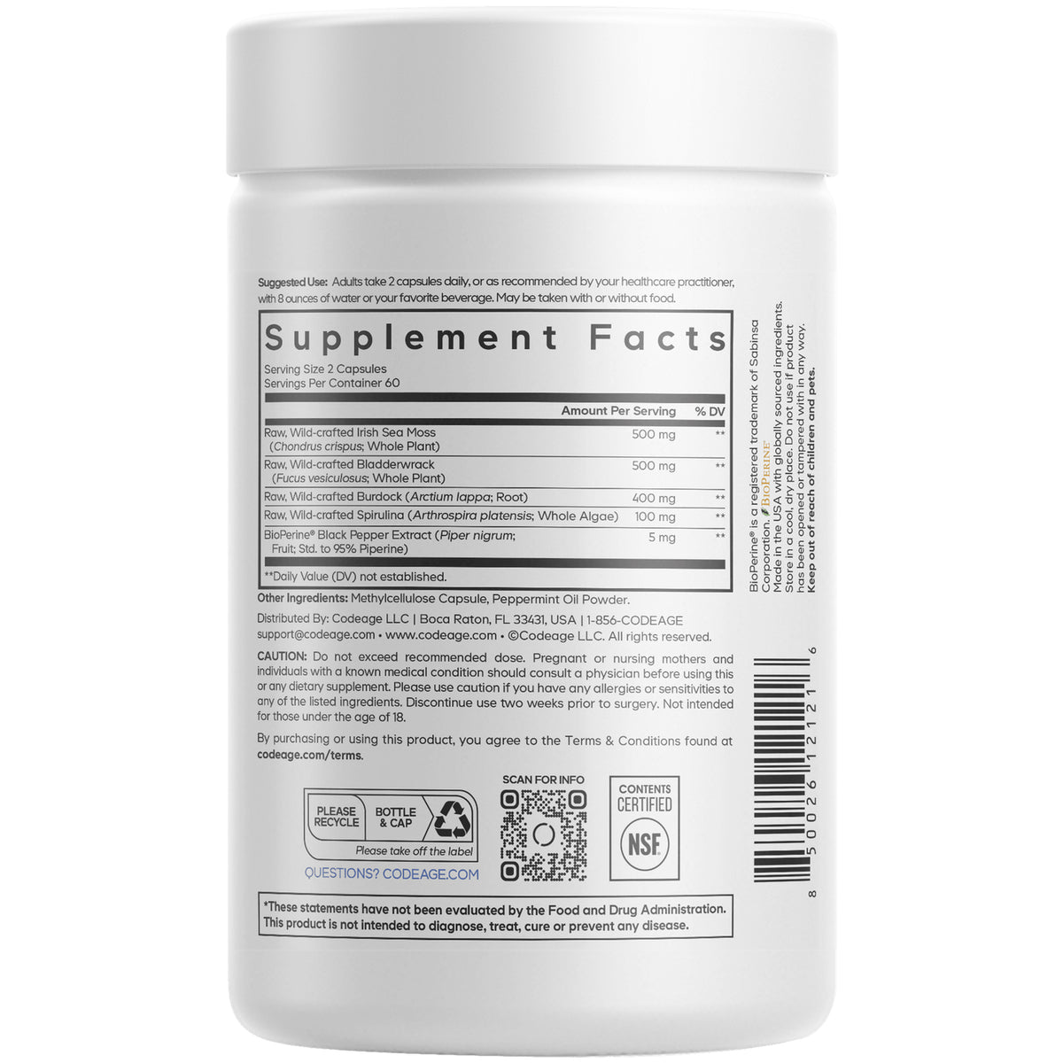 CDG022 | back label of white supplement bottle showing Supplement Facts panel, ingredients, barcode, and recycle icons