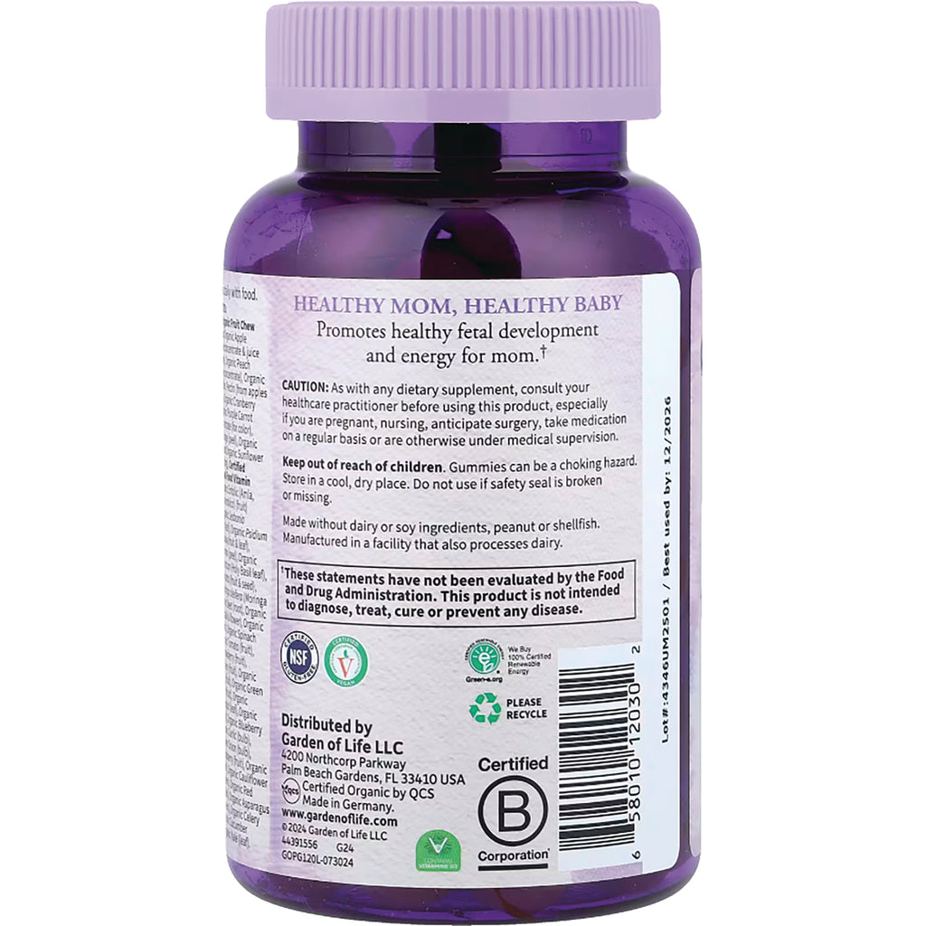 GLF237 | Back label of purple supplement bottle showing HEALTHY MOM, HEALTHY BABY header, caution text, certifications and barcode - Thumbnail