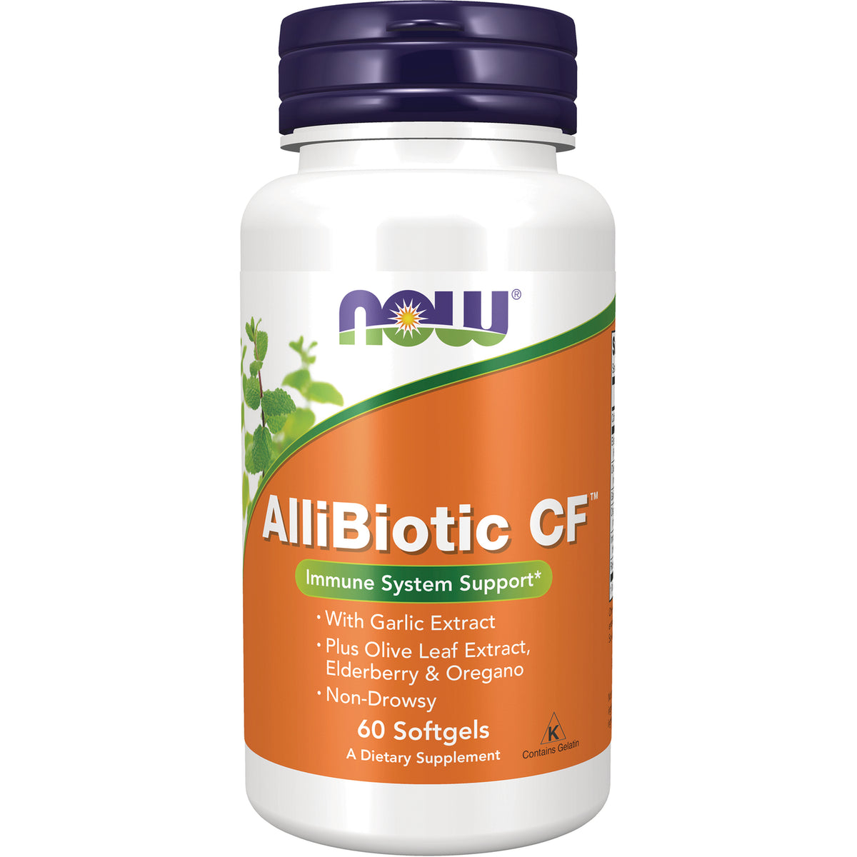NWF281 | White supplement bottle labeled AlliBiotic CF immune system support 60 Softgels