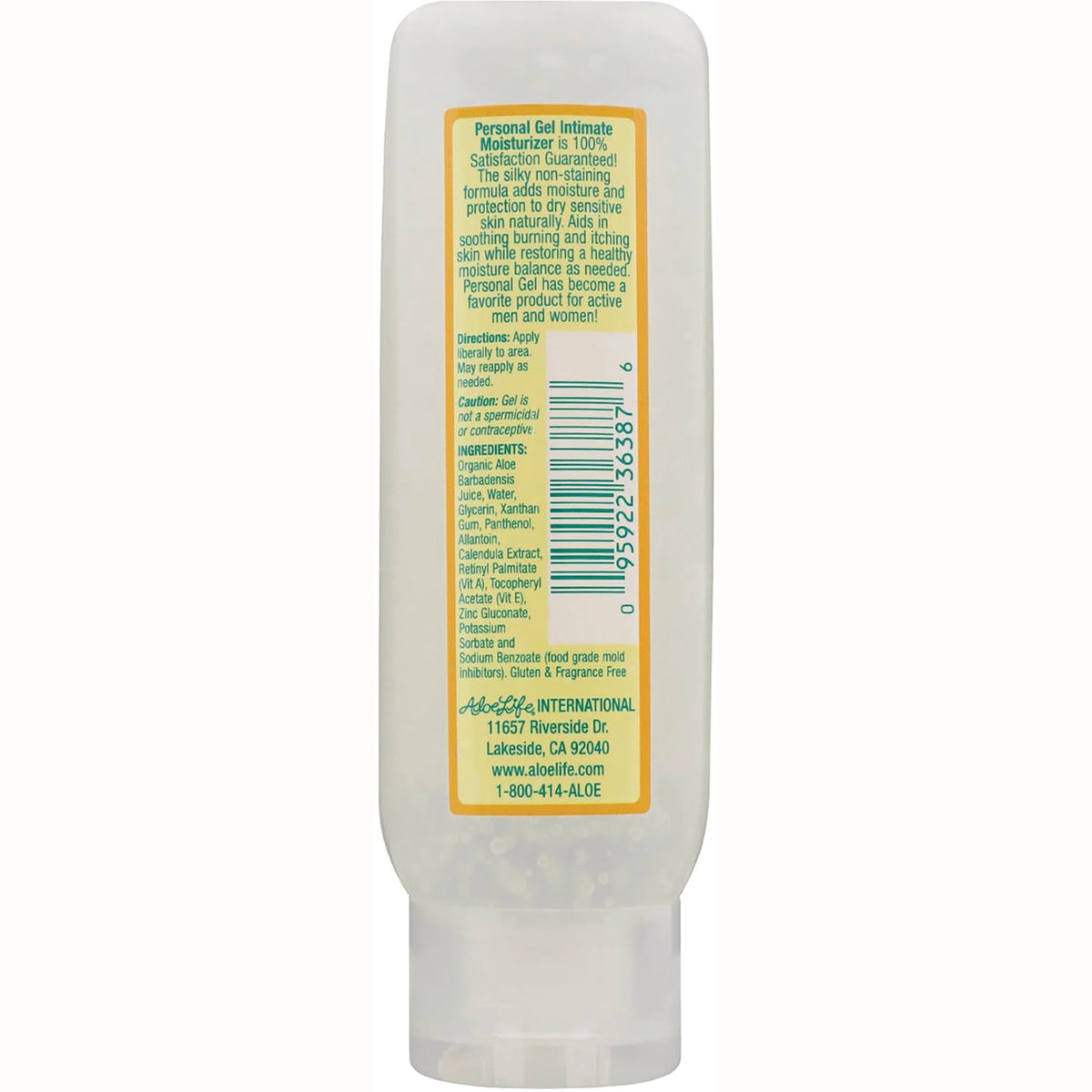 ALI010 | Personal Gel Intimate Moisturizer back label with directions, ingredients, and barcode