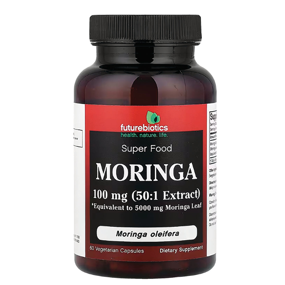 FB077 | Futurebiotics Moringa supplement bottle labeled 100 mg (50:1 Extract), 60 vegetarian capsules