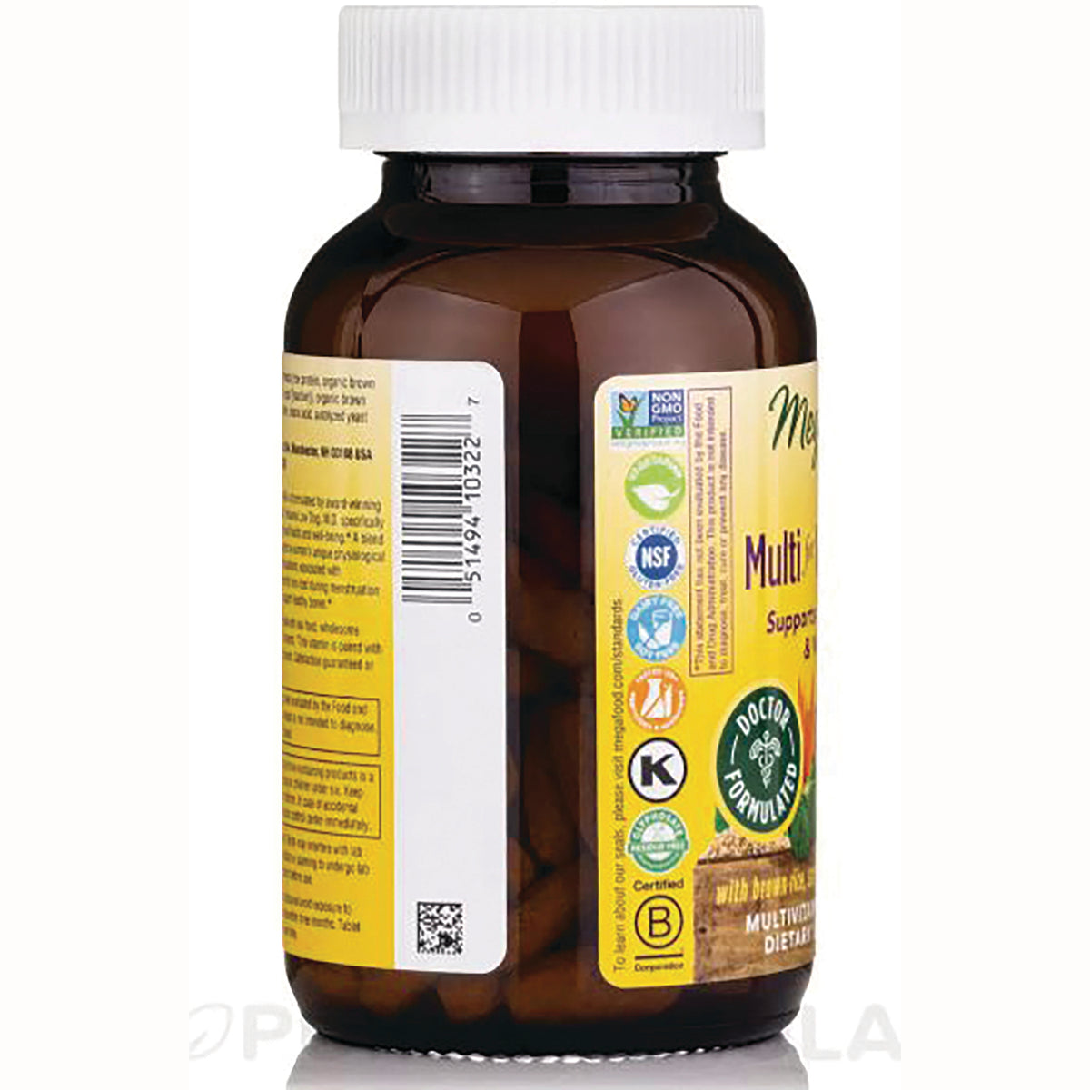MGF073 | brown supplement bottle back view with barcode, certification icons and yellow product infographic label