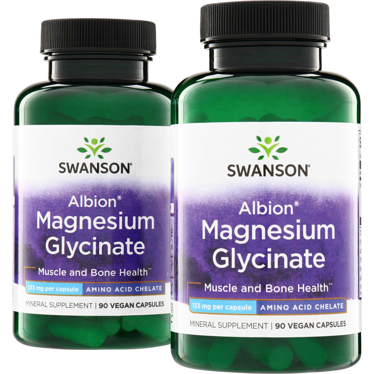 SWU074 | Two Swanson green bottles of Albion Magnesium Glycinate supplement, 90 vegan capsules, 133 mg per capsule
