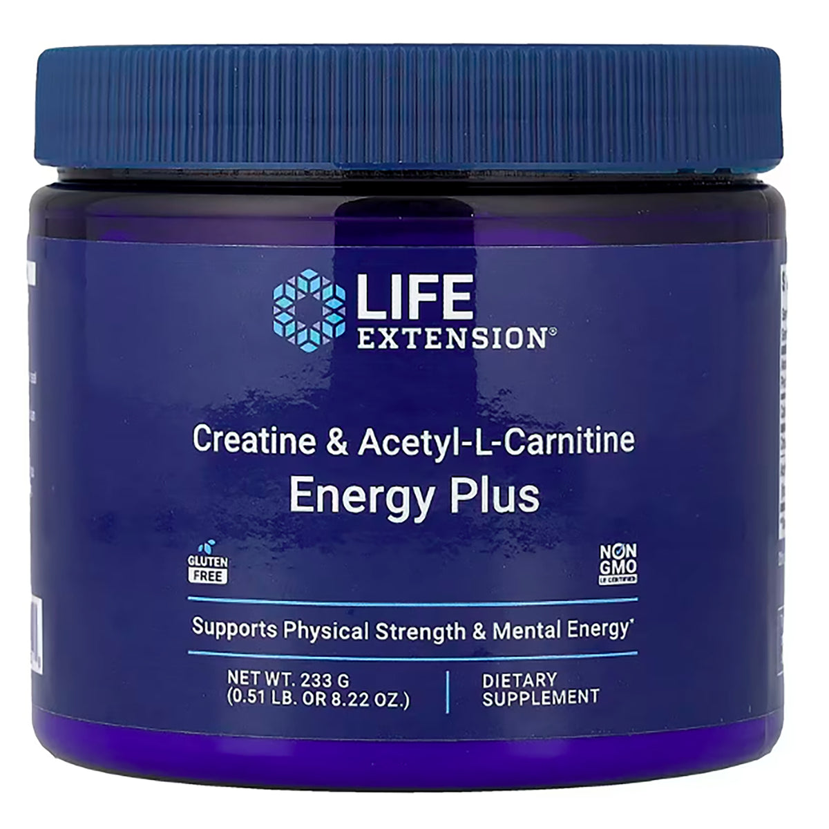 LE592 | Life Extension Energy Plus creatine and acetyl-L-carnitine dietary supplement jar with blue label