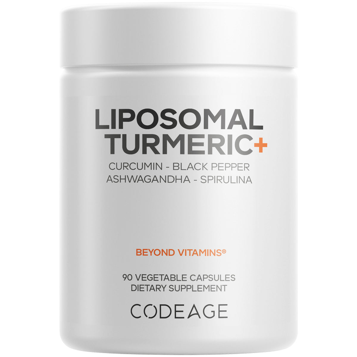 White supplement jar labeled LIPOSOMAL TURMERIC+ with CODEAGE logo and text indicating 90 vegetable capsules dietary supplement