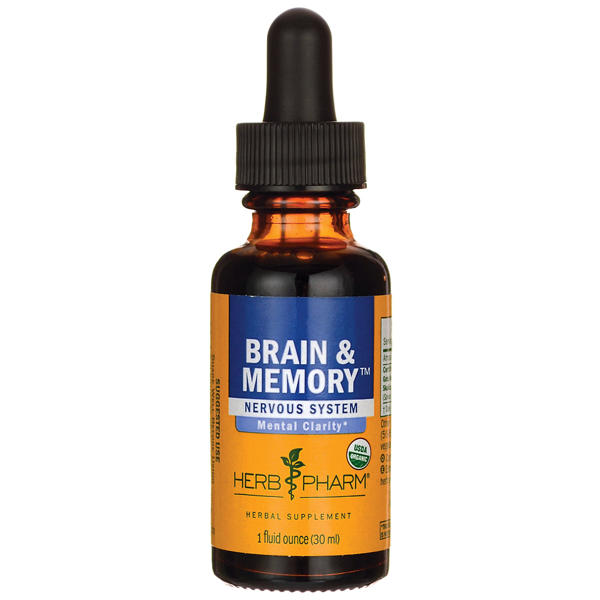 HPH084 | Amber glass dropper bottle labeled BRAIN & MEMORY nervous system Mental Clarity Herb Pharm herbal supplement 1 fl oz
