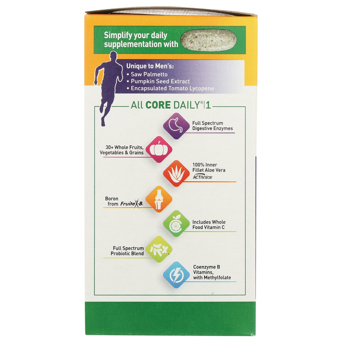 CRL527 | product infographic listing features: full spectrum digestive enzymes, 30+ whole fruits, aloe vera, probiotic blend, coenzyme B vitamins
