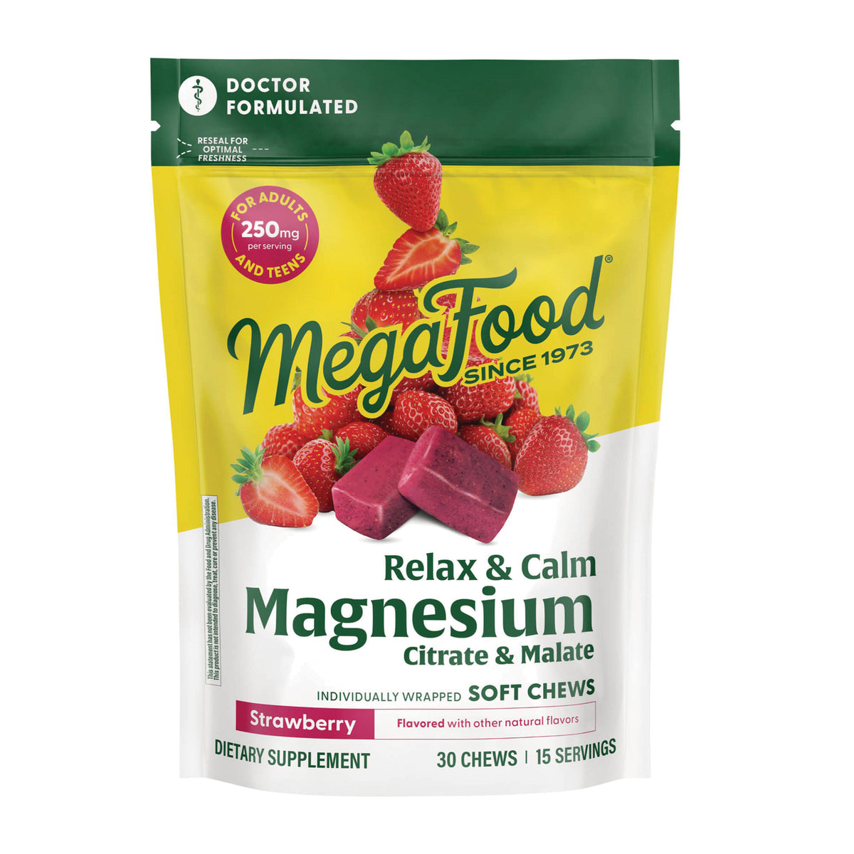 MGF132 | MegaFood Relax & Calm Magnesium Citrate & Malate strawberry soft chews front pouch