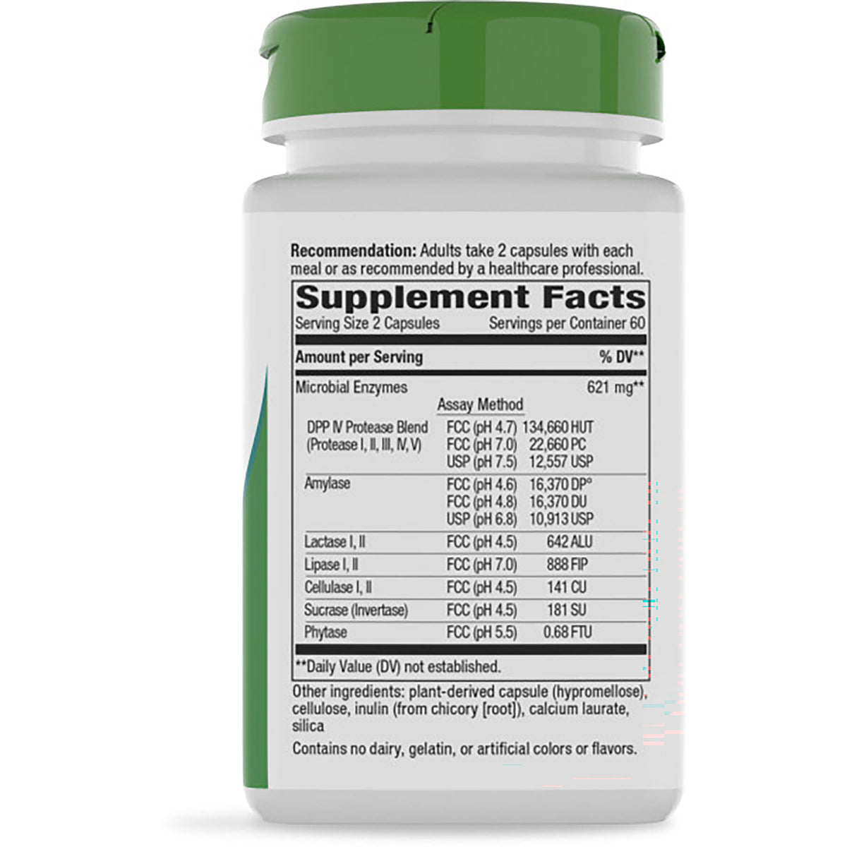 ET355 | Supplement Facts panel and ingredient list on back of brown supplement bottle, serving size 2 capsules
