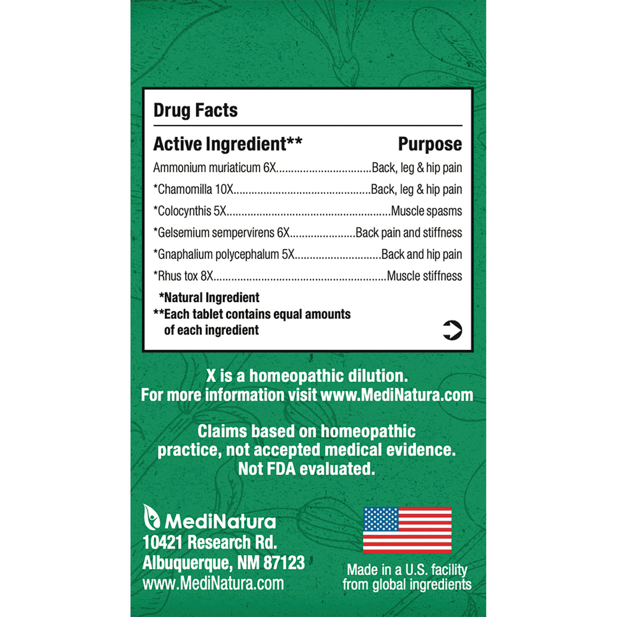 MNA035 | back of green MediNatura box showing Drug Facts panel with active ingredients and claims