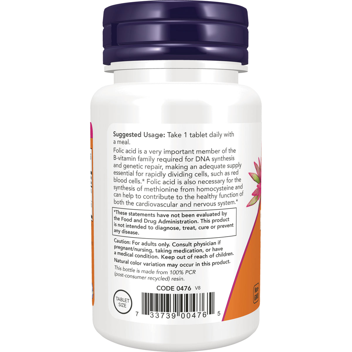 NWF046 | Back of white supplement bottle showing suggested usage text, caution statements and barcode