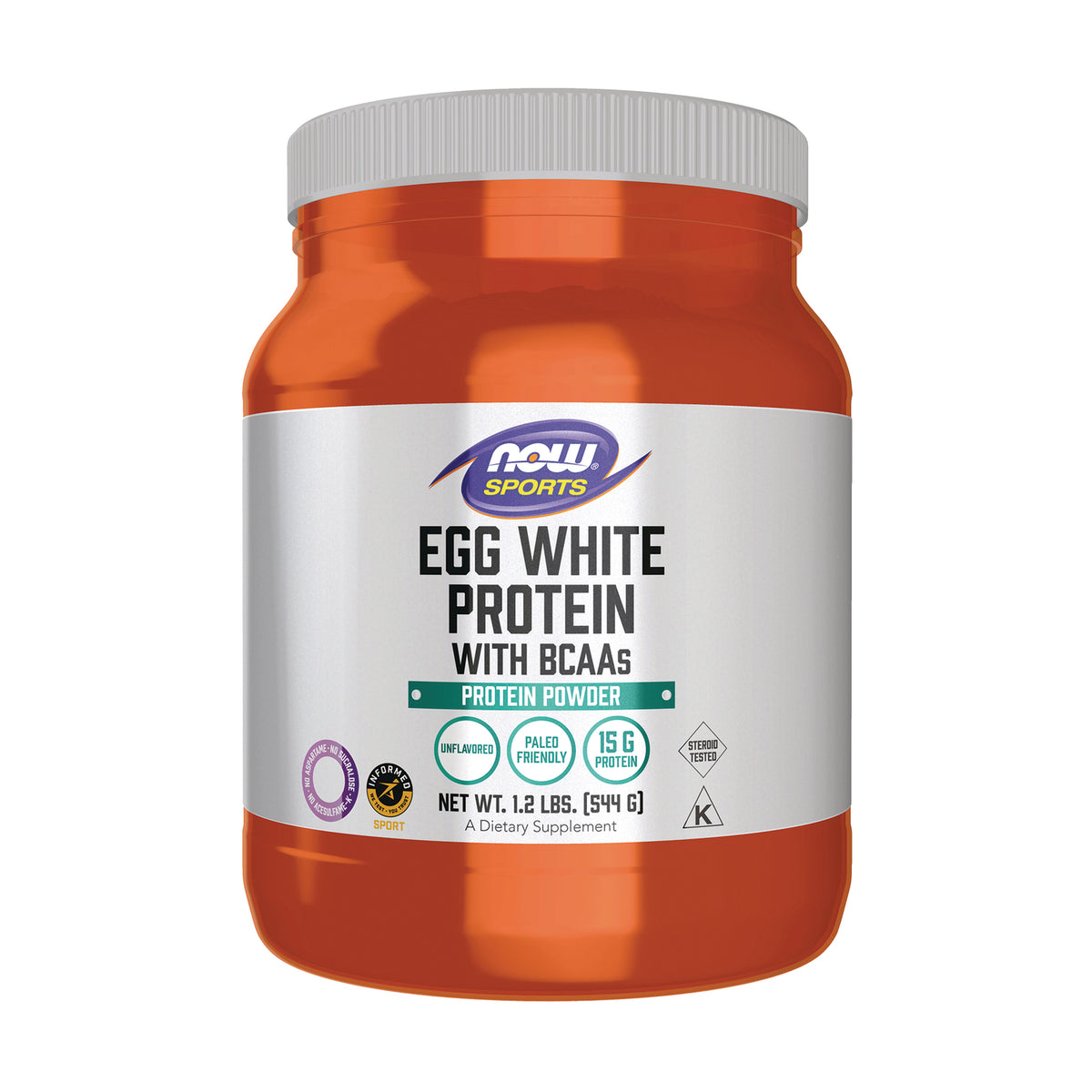 NWF214 | NOW Sports Egg White Protein with BCAAs tub, unflavored protein powder 1.2 lb front label