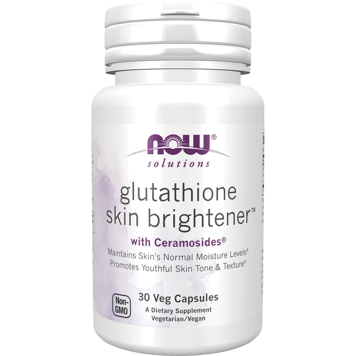 NWF1357 | NOW Solutions glutathione skin brightener bottle front, 30 Veg Capsules, Non-GMO