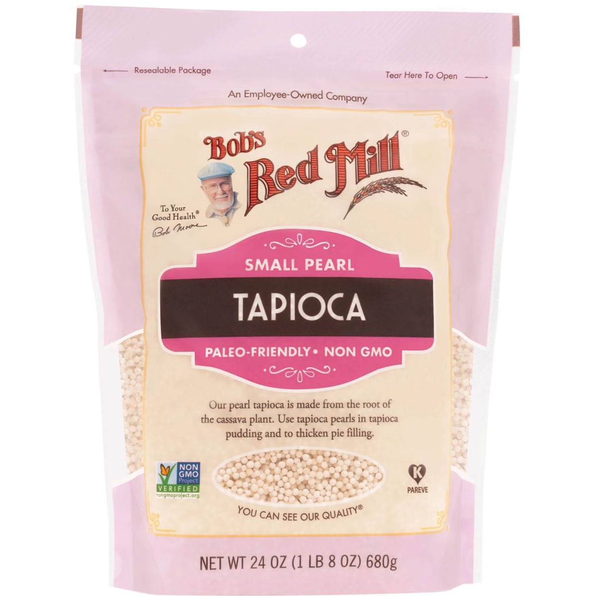 BOB413 | Bob's Red Mill small pearl tapioca bag labeled paleo-friendly non GMO, net wt 24 oz
