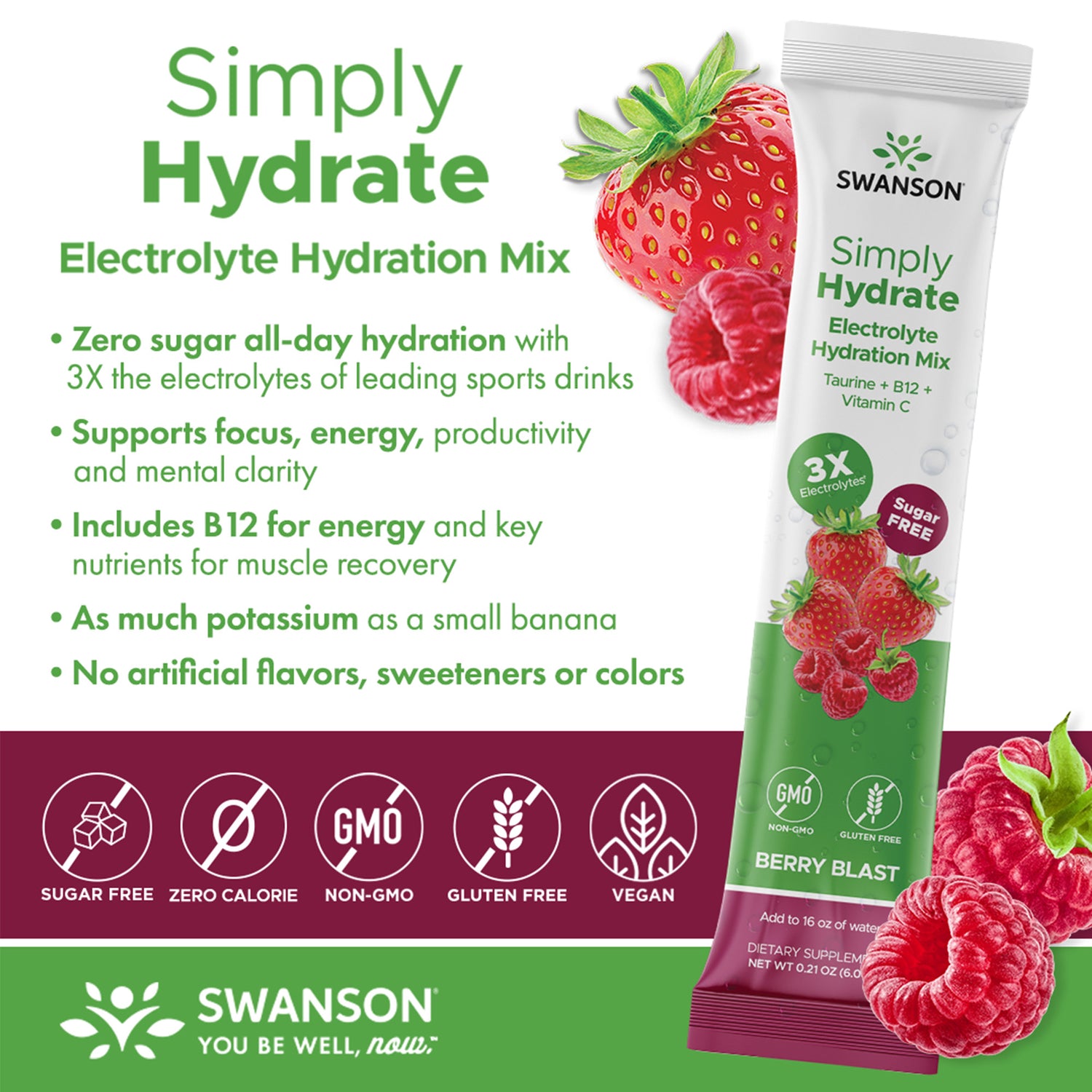 SW1898 | Simply Hydrate Berry Blast stick and product infographic highlighting zero sugar and B12