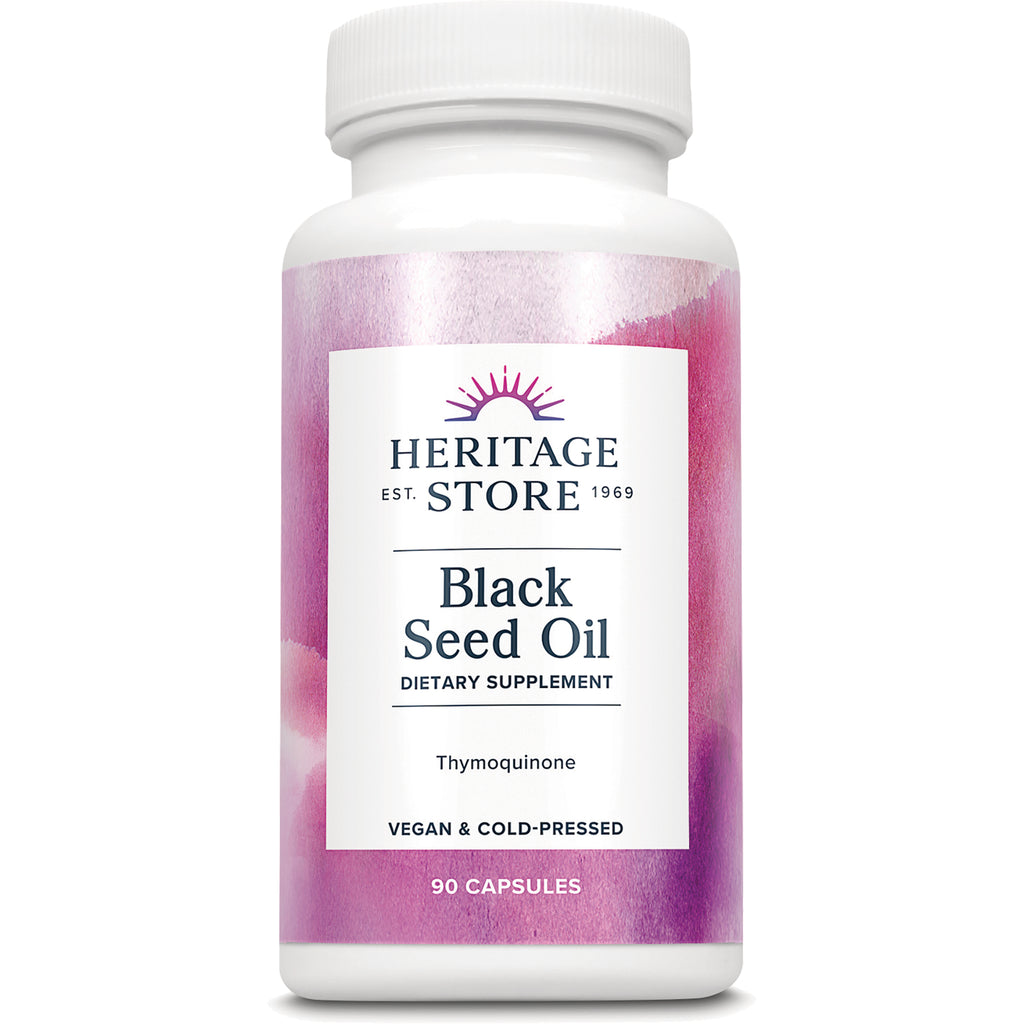 HTG106 | Heritage Store Black Seed Oil dietary supplement bottle, 90 capsules, vegan & cold-pressed - Thumbnail