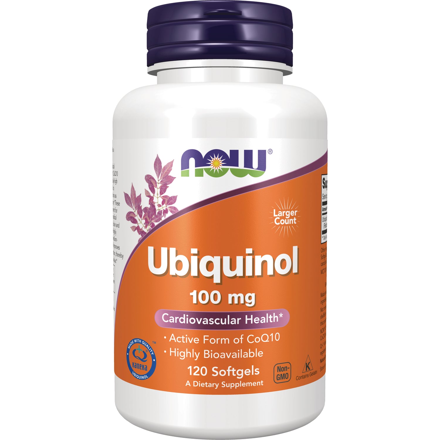 NWF1316 | White bottle of NOW Ubiquinol 100 mg softgels with orange label stating Cardiovascular Health and 120 Softgels