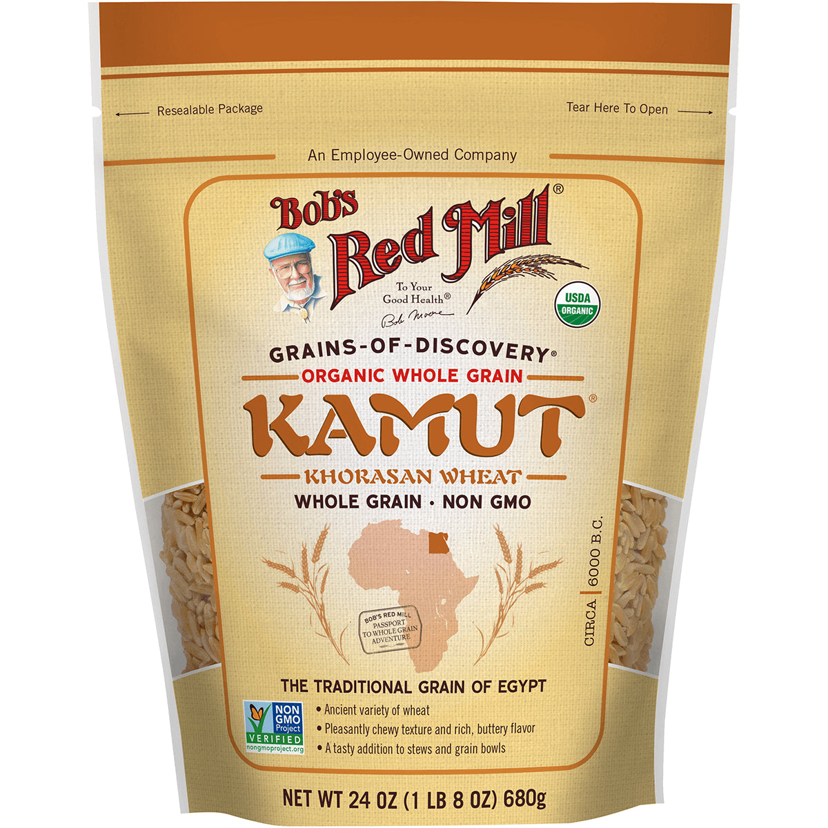 BOB412 | Bob's Red Mill Kamut Khorasan wheat organic whole grain resealable bag, 24 oz, USDA Organic Non-GMO