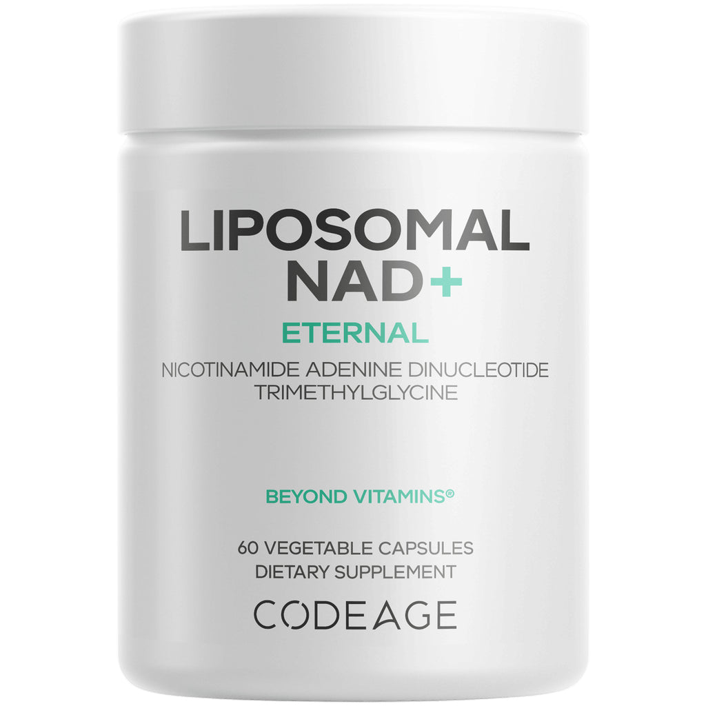 CDG067 | Front view of white Codeage Liposomal NAD+ Eternal bottle labeled 60 vegetable capsules dietary supplement - Thumbnail