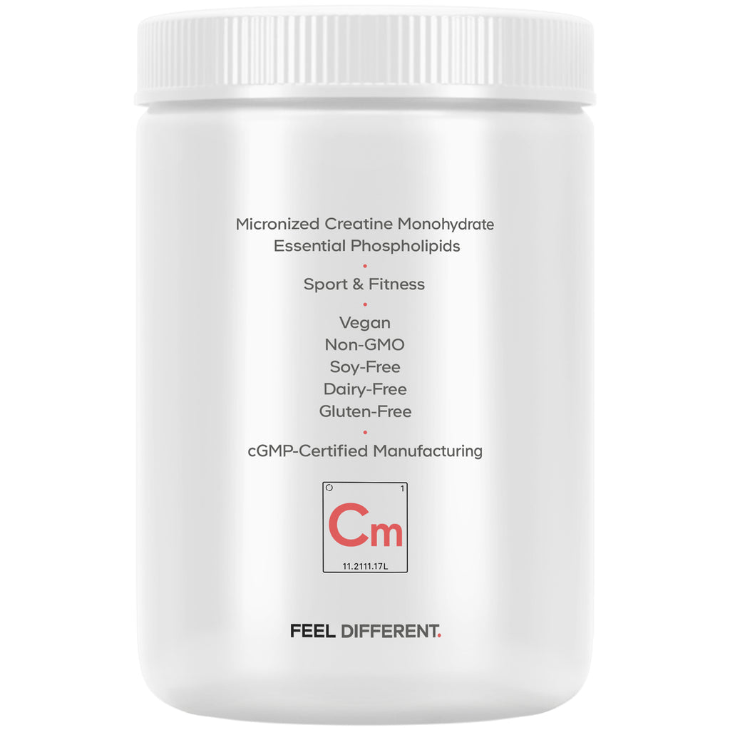 CDG004 | Back label listing benefits and certifications: Micronized Creatine Monohydrate, Vegan, Non-GMO, Soy-Free, Dairy-Free, Gluten-Free, cGMP-Certified - Thumbnail