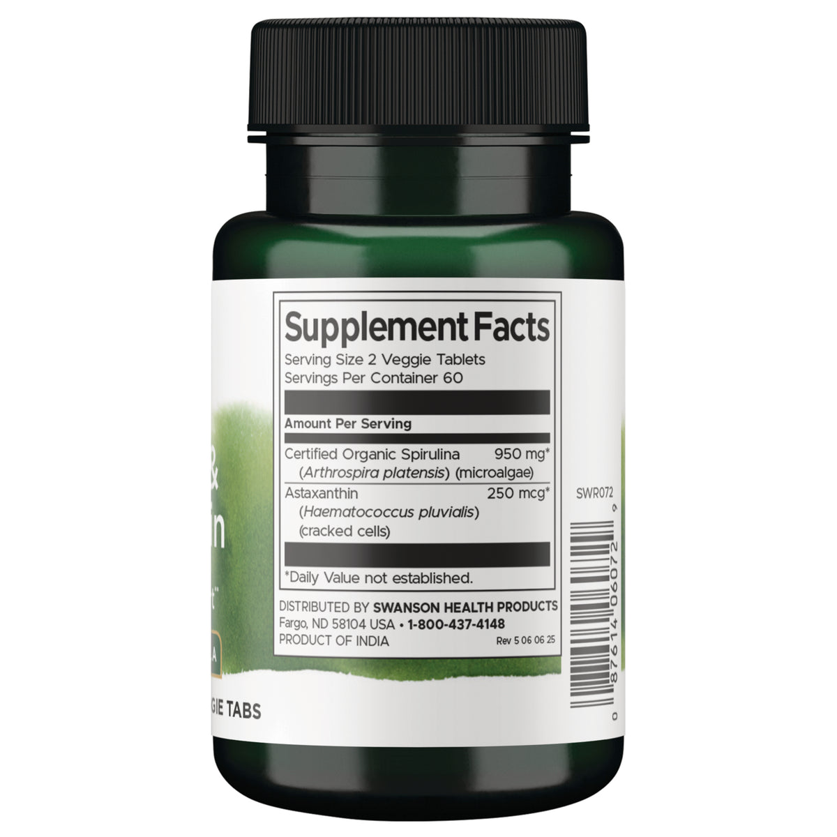 SWR072 | Back label Supplement Facts panel with certified organic spirulina 950 mg and astaxanthin 250 mcg