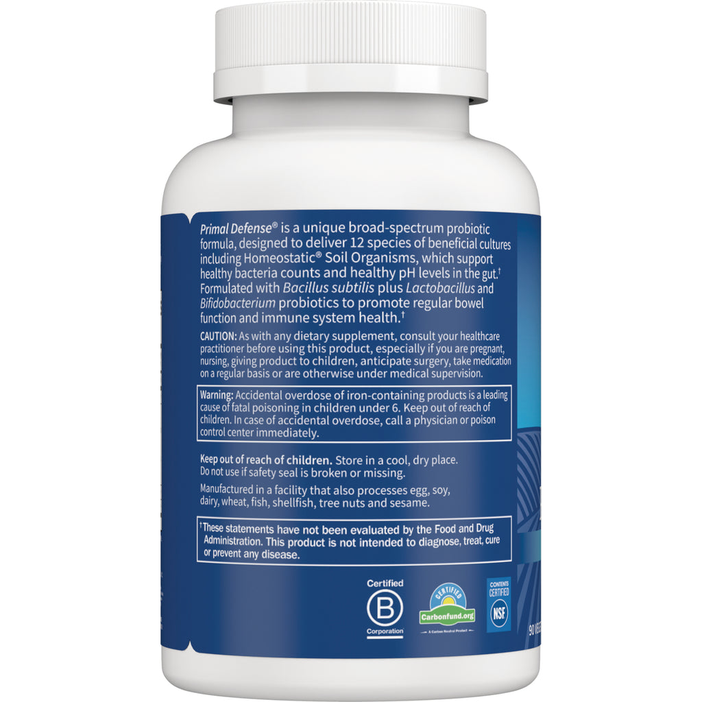 GLF004 | Back label of white supplement bottle showing Primal Defense text, warnings, storage instructions, and certification logos - Thumbnail