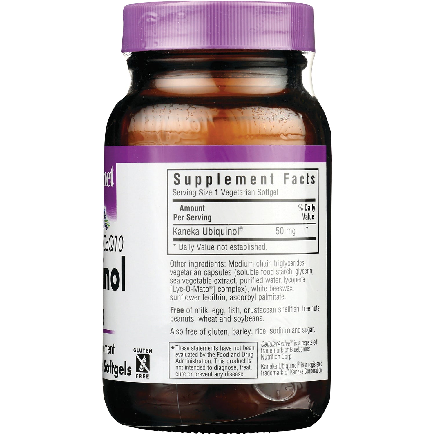BLU064 | Back label showing Supplement Facts panel with Kaneka Ubiquinol 50 mg, ingredient list and gluten free icon on brown bottle