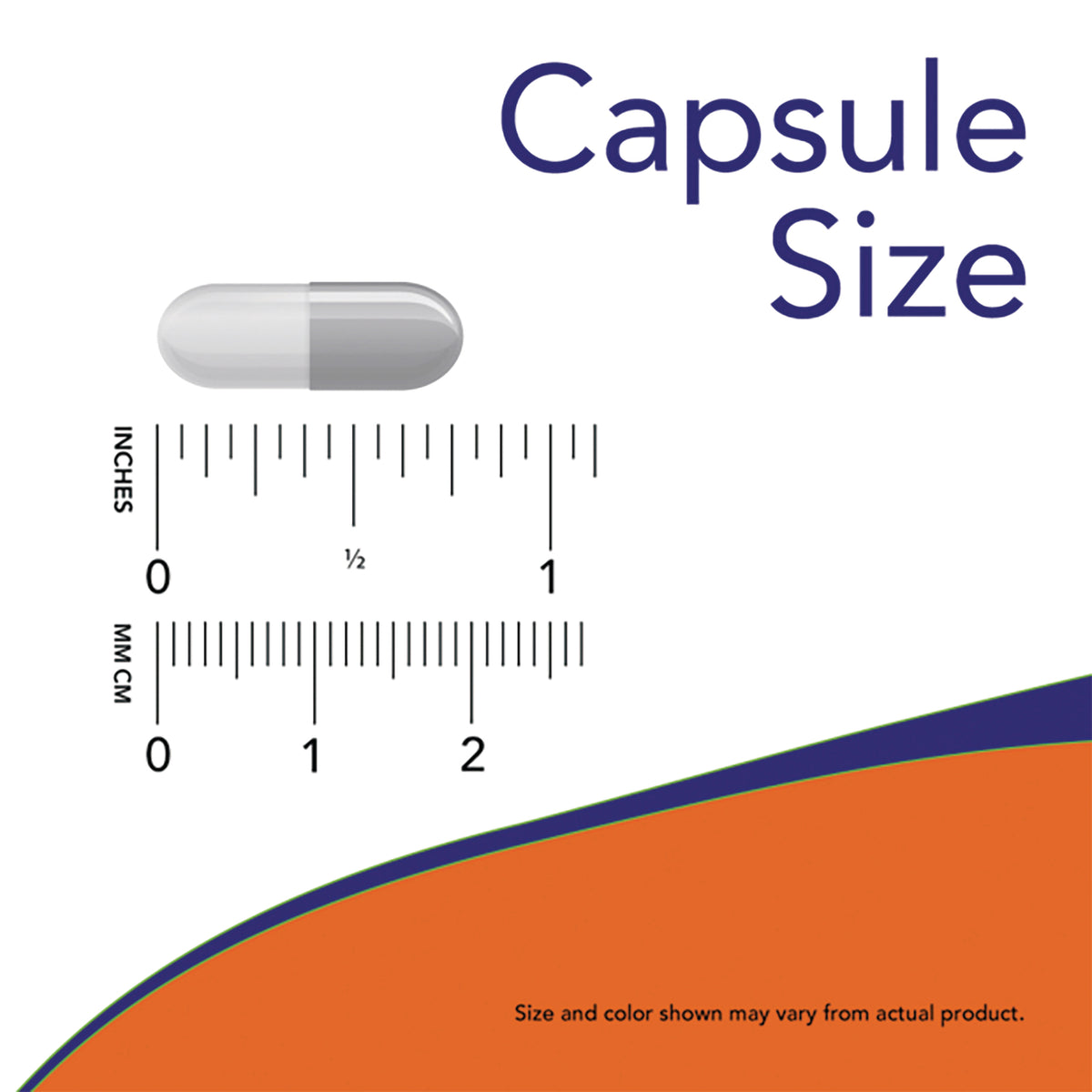 NWF1372 | Capsule beside inch and mm rulers with text Capsule Size showing approximate dimensions