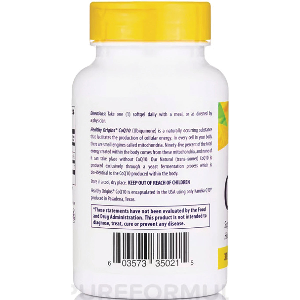 HRG017 | back of white supplement bottle with yellow cap showing directions, warning text and barcode