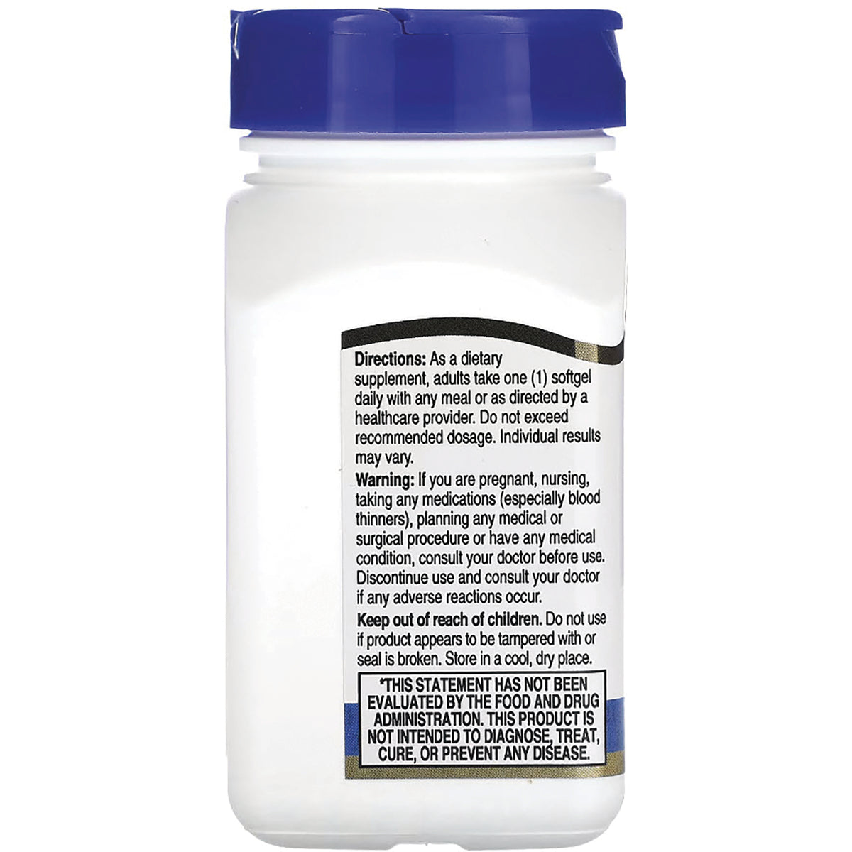 CNT111 | Back of white supplement bottle with blue cap showing directions, warnings, and FDA disclaimer
