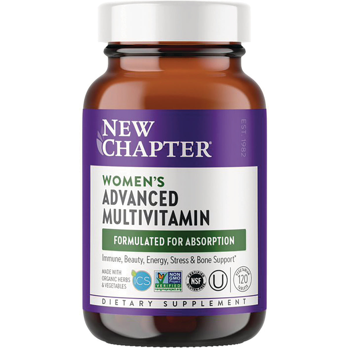 NWC140 | New Chapter women's advanced multivitamin brown bottle with purple label reading Formulated for Absorption