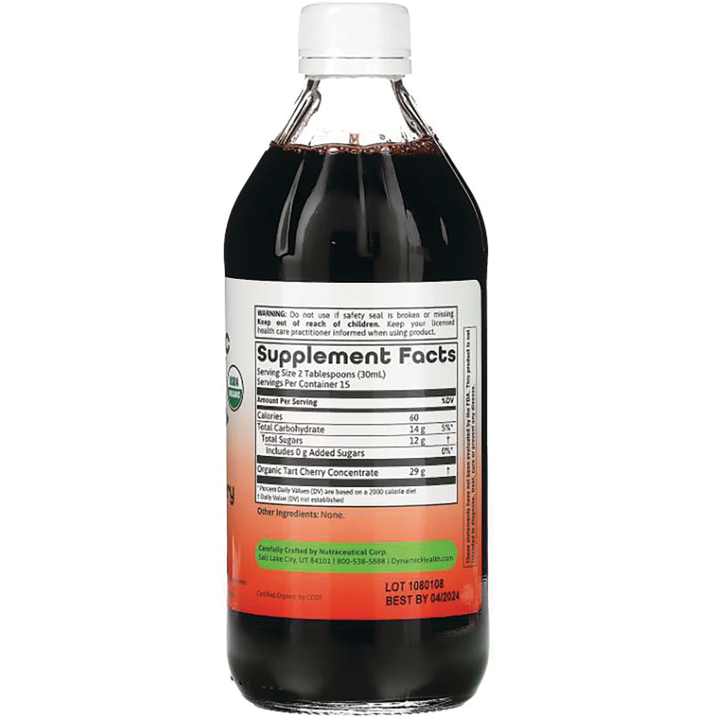 DYH022 | Back of glass bottle with Supplement Facts panel for organic tart cherry concentrate and lot/best by text - Thumbnail