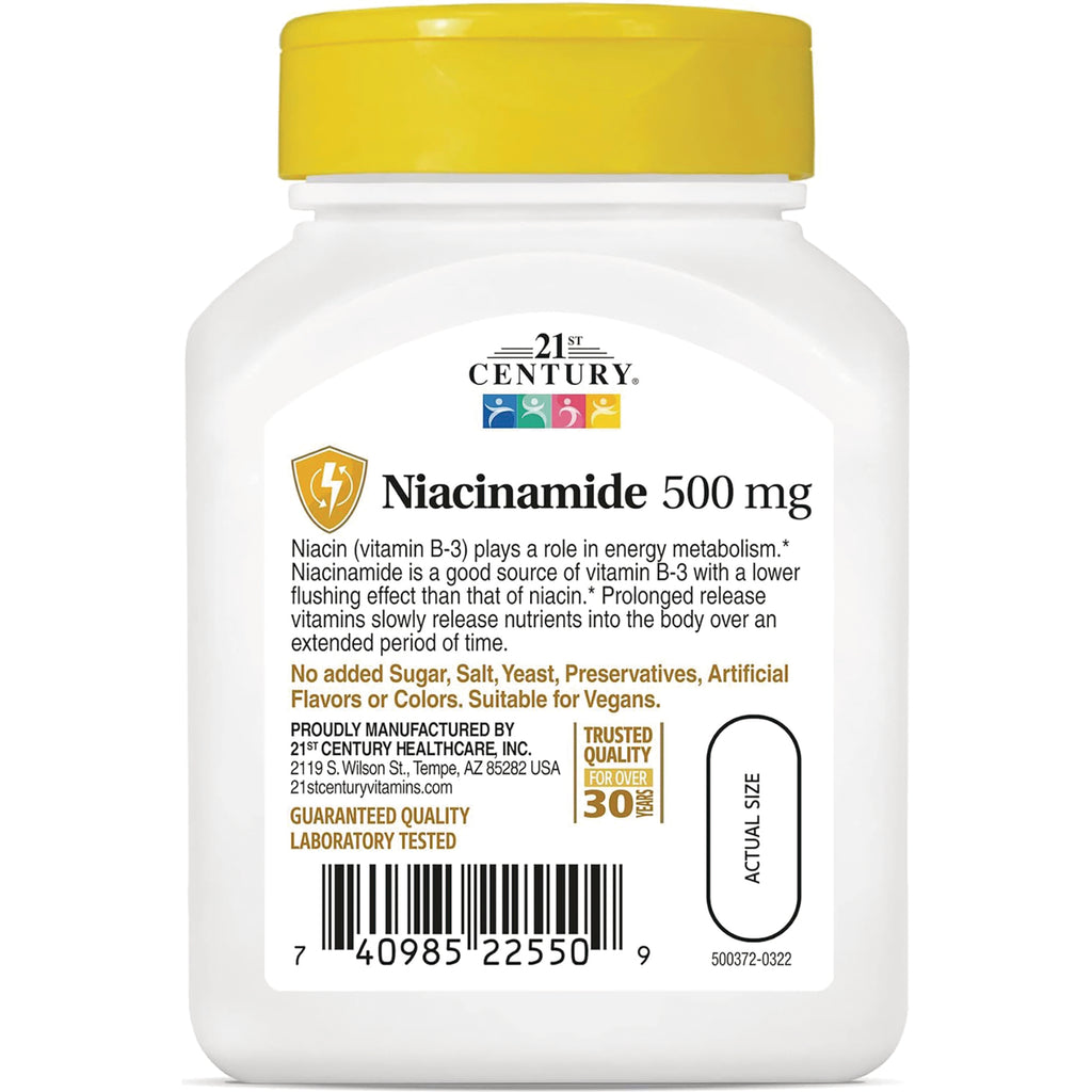 CNT109 | white supplement bottle with yellow cap labeled Niacinamide 500 mg showing product infographic and label text - Thumbnail
