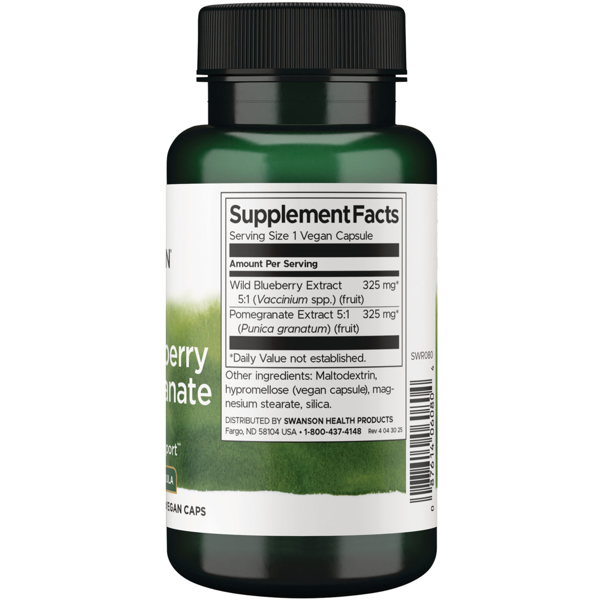 SWR080 | Back label with Supplement Facts, serving size 1 vegan capsule, ingredients, and barcode