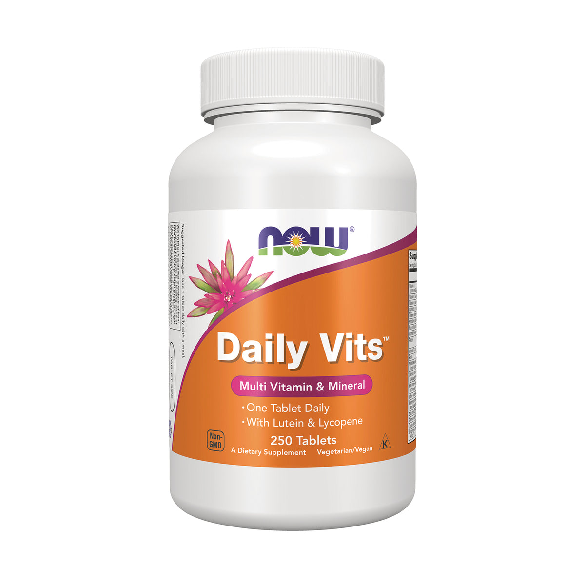 NWF669 | NOW Daily Vits multivitamin & mineral bottle with orange label reading Daily Vits and 250 Tablets