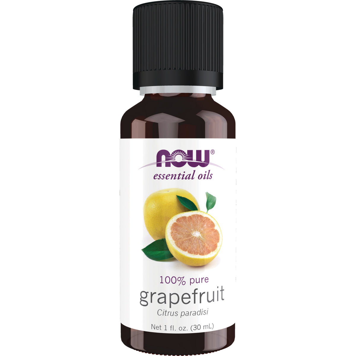 NWF314 | NOW 100% pure grapefruit essential oil in 1 fl oz amber bottle with label showing halved grapefruit