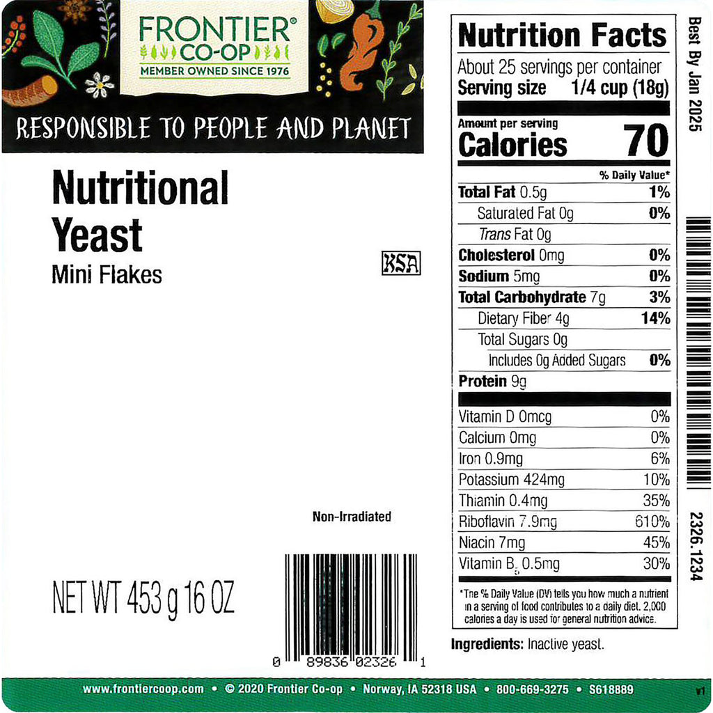 FNP021 | Back label showing Nutrition Facts panel and ingredients for Frontier Co-op Nutritional Yeast Mini Flakes, net wt 453 g - Thumbnail