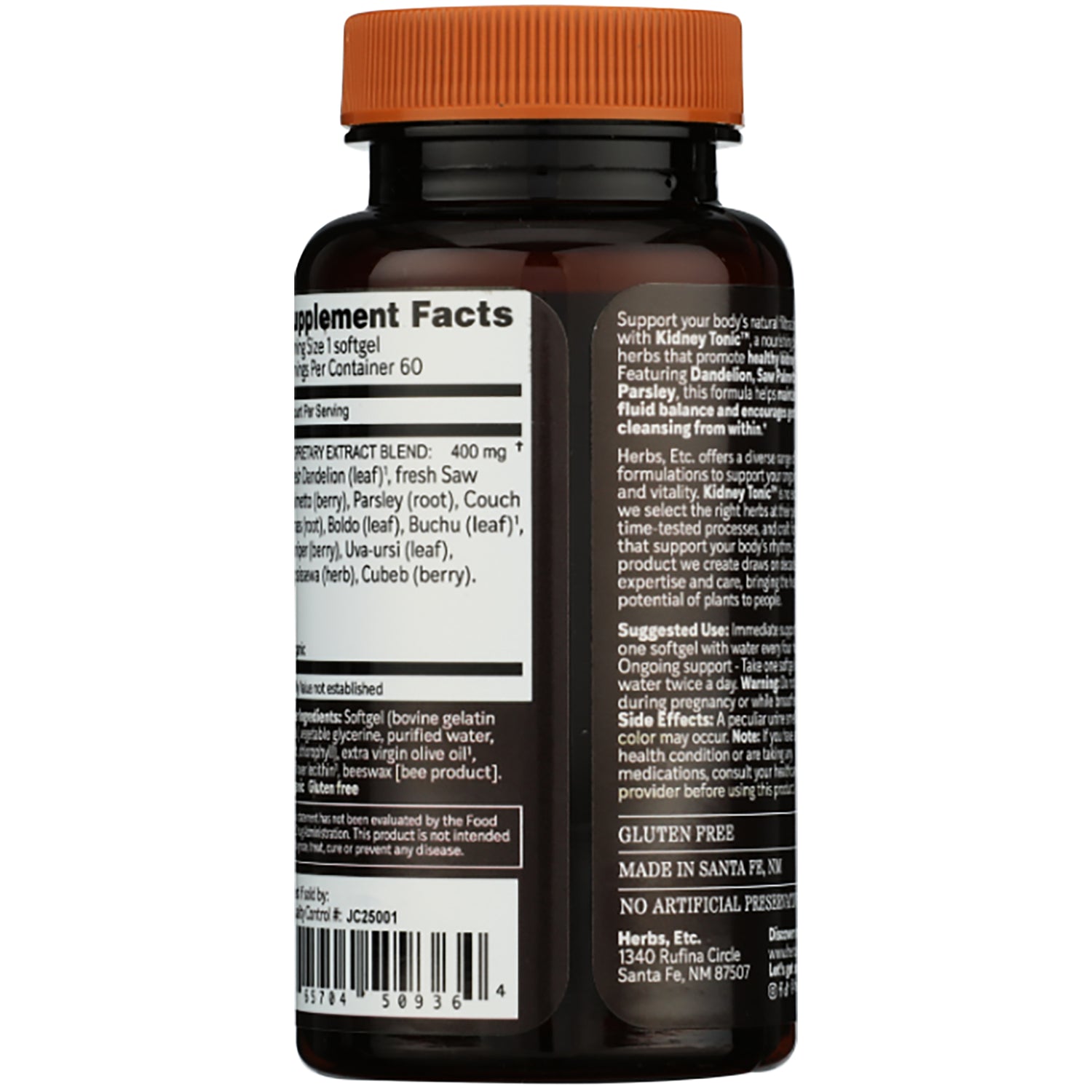 HE113 | Herbs, Etc. Kidney Tonic bottle with supplement facts and ingredient panel visible