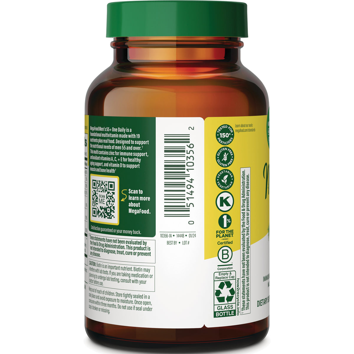 MGF128 | Back of amber supplement bottle showing barcode, QR code, label text and certification icons