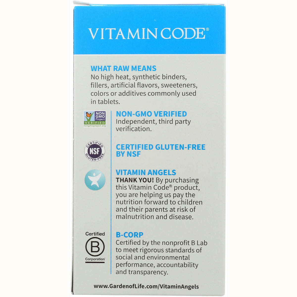 GLF051 | Back of Vitamin Code box showing Non-GMO, certified gluten-free, Vitamin Angels and B-Corp information
