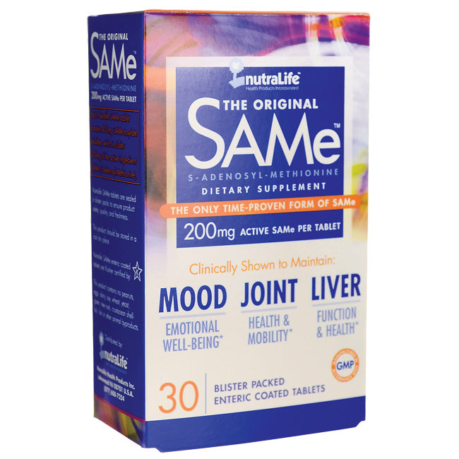 NutraLife The Original SAMe 200 mg dietary supplement box, front packaging showing mood, joint, liver claims, 30 tablets