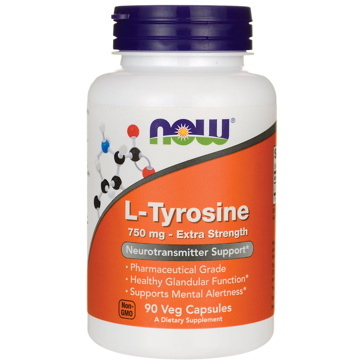 NWF834 | NOW L-Tyrosine 750 mg extra strength supplement bottle, 90 veg capsules