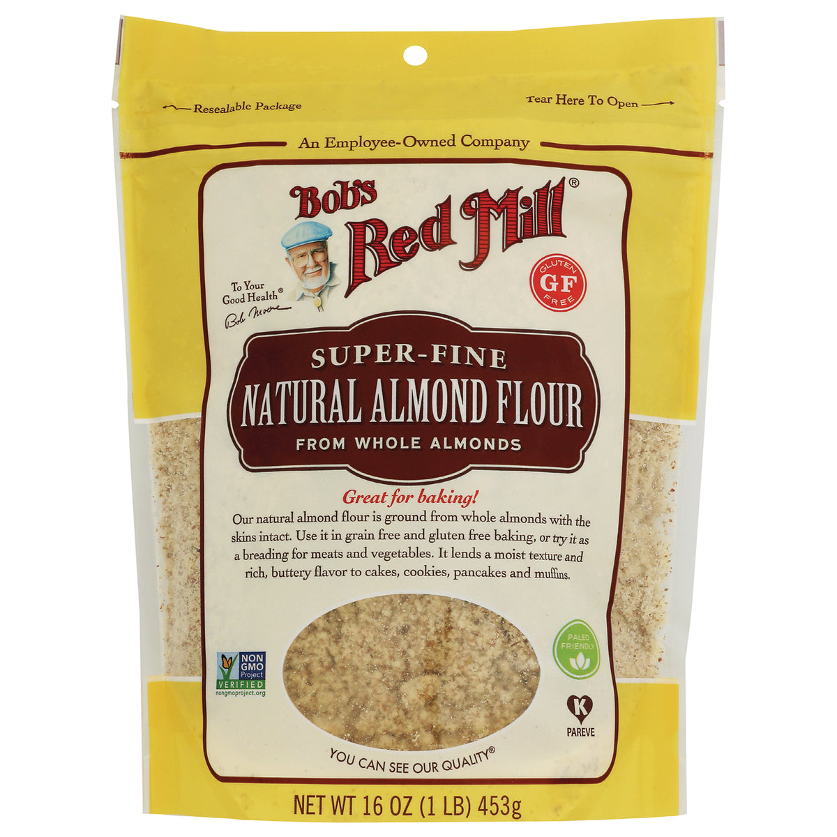 BOB273 | Bob's Red Mill super-fine natural almond flour 16 oz resealable bag with front window and gluten-free badge